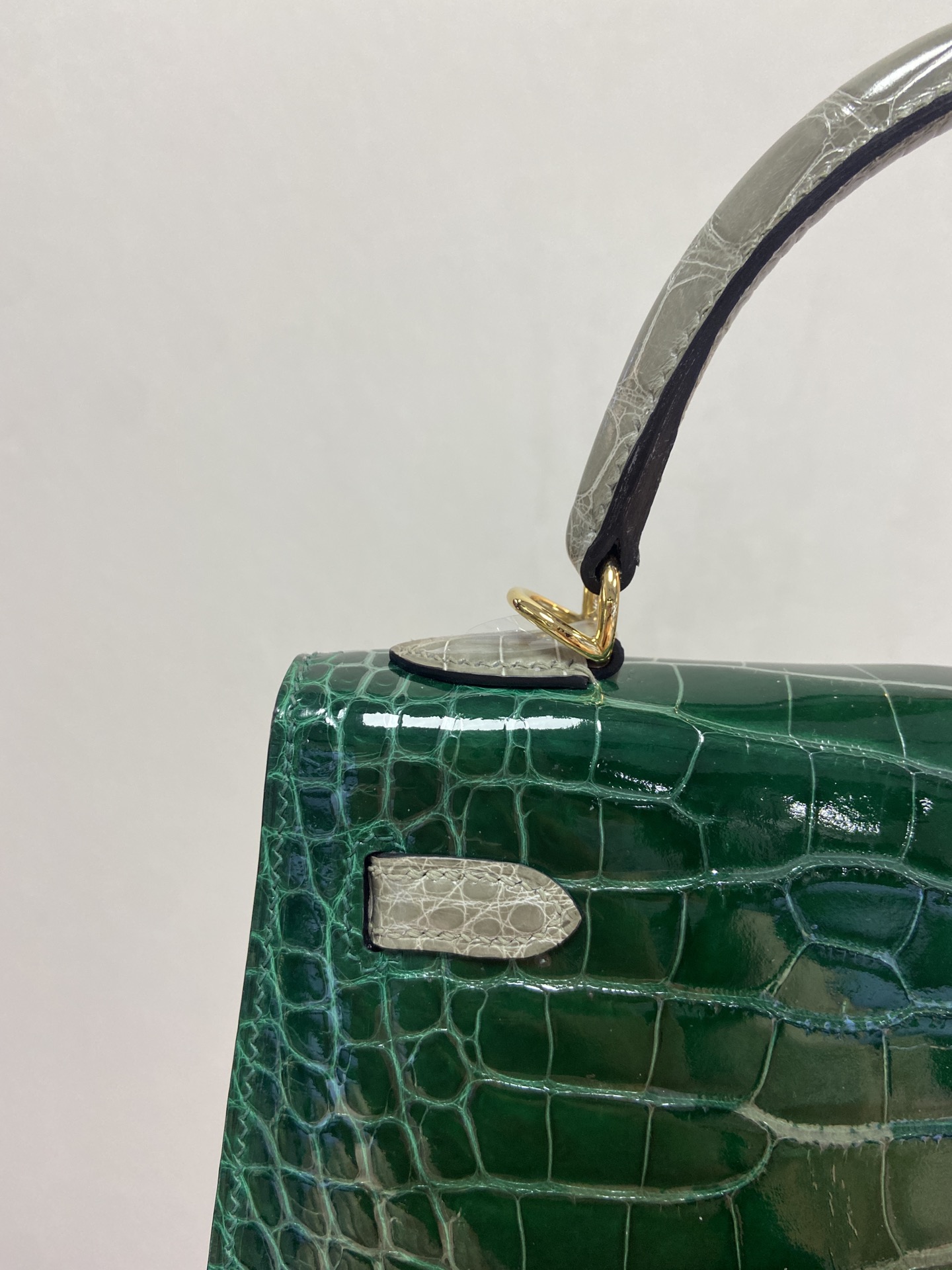 Hermes Kelly 25cm Handbag Shoulder Bag In Deep Green Grey Shiny Crocodile Niloticus Leather